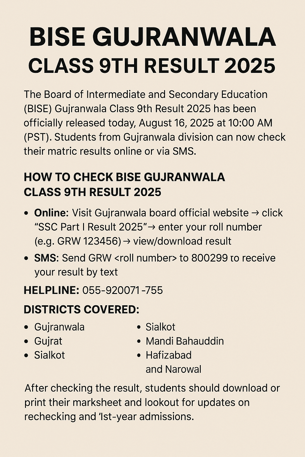 BISE Gujranwala Announces Class 9th Result 2025
