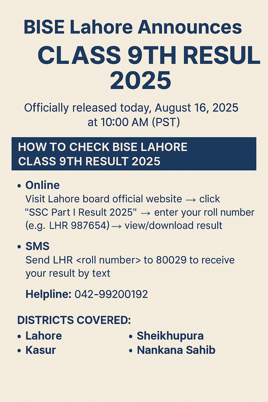BISE Lahore Announces Class 9th Result 2025